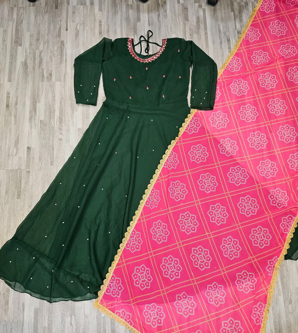 Women'S Solid Georgette Gown Kurta With Dupatta, Long Kurti Ethnic Dress Set For All Occasions 19198